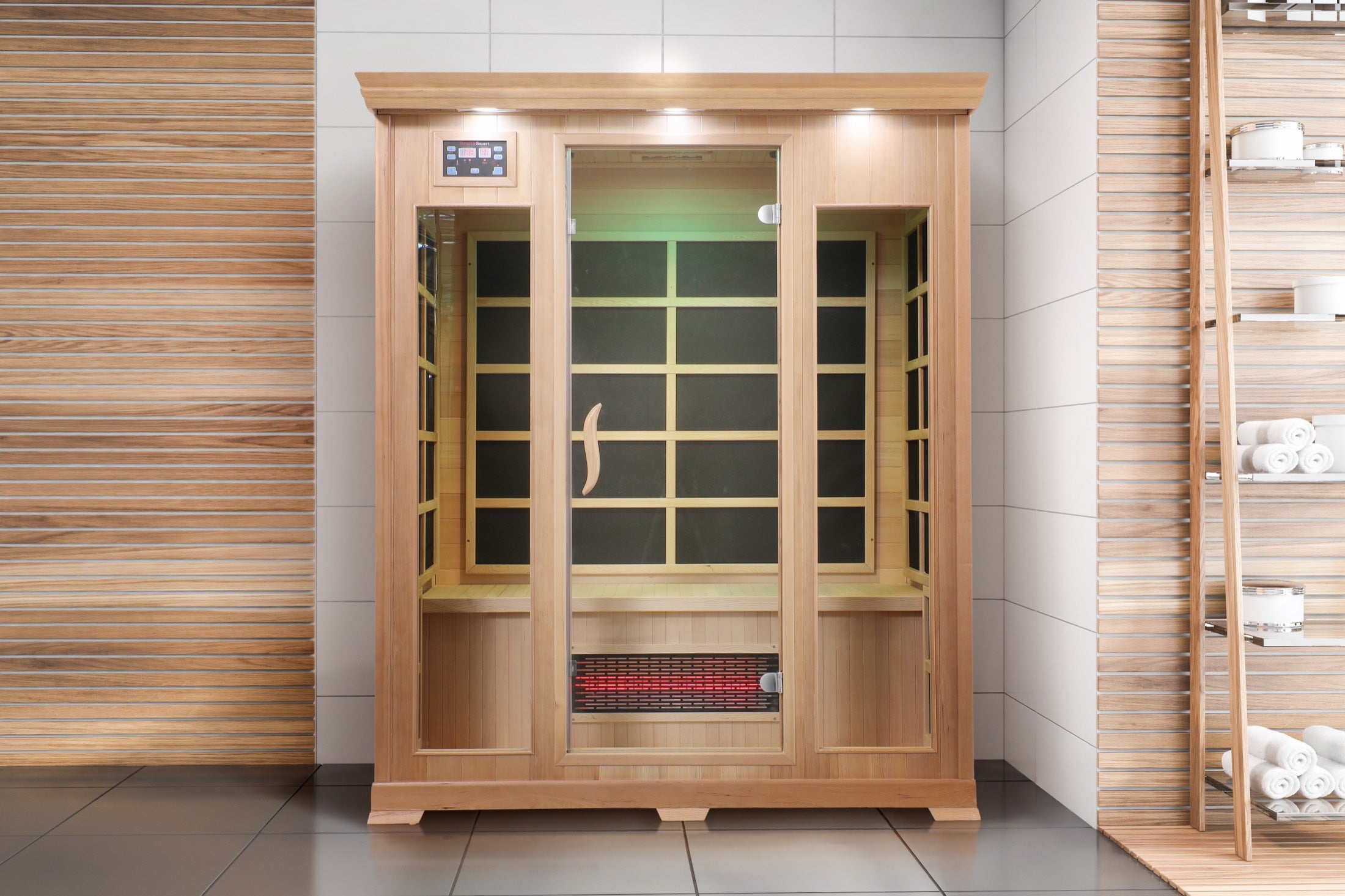 HealthSmart infrared sauna in a spa bathroom